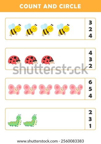 Count and circle the correct number. Counting educational children game. Math kids activity sheet. How many counting game with cute insects illustration.
