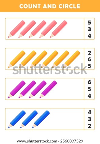 Count and circle the correct number. Counting educational children game. Math kids activity sheet. How many counting game with cute colored pencils illustration.