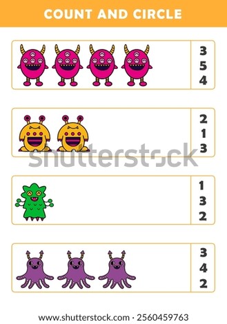 Count and circle the correct number. Counting educational children game. Math kids activity sheet. How many counting game with cute alien illustration.	