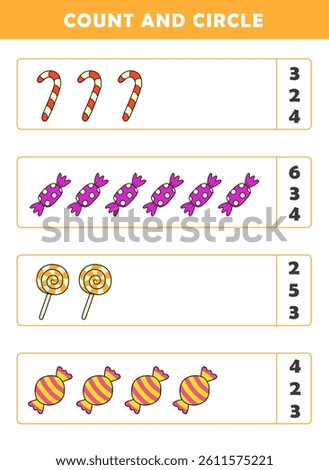 Count and circle the correct number. Counting educational children game. Math kids activity sheet. How many counting game with cute candy illustration.	