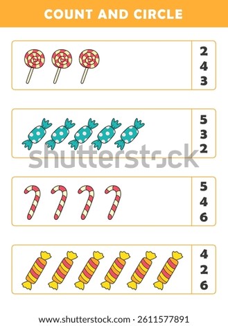 Count and circle the correct number. Counting educational children game. Math kids activity sheet. How many counting game with cute candy illustration.