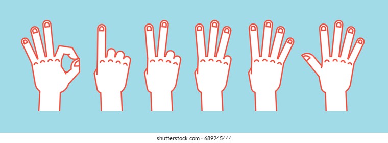 Count on fingers. Gesture. Stylized hands showing different numbers. Icons. Illustration on a blue background. Zero, one, two, three, four, five. Orange lines and white silhouette. Logo. Signs.