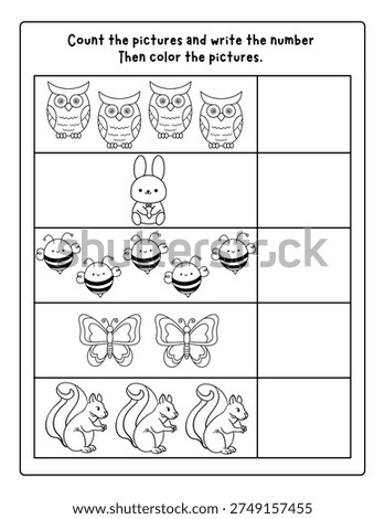 Count the Pictures and Write the Number Worksheet for Kids, Preschool Counting Activity Printable
Educational counting worksheet for kids. Children count the pictures and write the correct number in the box. Fun printable learning activity designed for preschool and kindergarten students to practice basic counting skills while coloring the pictures.