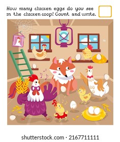 Count And Write. Educational Game For Children. Funny Family Of Rooster And Hen With Fox In Chicken Coop. Color Illustration.