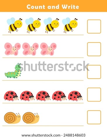 Count and write numbers 1-5. Counting objects worksheet for kids. Educational fun game for children. Kindergarten Counting Worksheet.