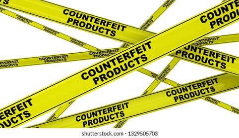 Counterfeit Products. Yellow Warning Tapes With Black Text COUNTERFEIT PRODUCTS. Isolated. 3D Illustration