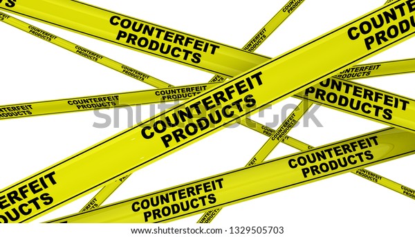 Counterfeit products.\
Yellow warning tapes with black text COUNTERFEIT PRODUCTS.\
Isolated. 3D\
Illustration