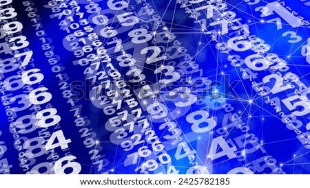 Counting connected lines and random numbers algorithm of numerical code sequence in tech background with blue background, data science, and mathematical programming for digital technology