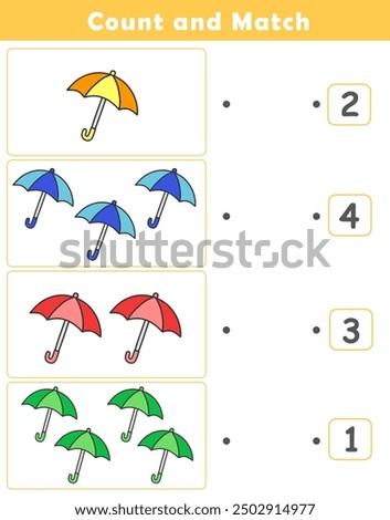 Counting educational children game. Math kids activity sheet. How many counting game with cute umbrella illustration.