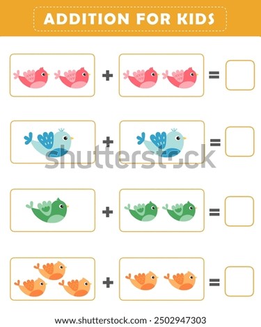 Counting educational children game. Math kids activity sheet. Math addition worksheet with cute bird illustration.	