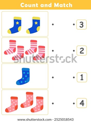 Counting educational children game. Math kids activity sheet. How many counting game with cute socks illustration.