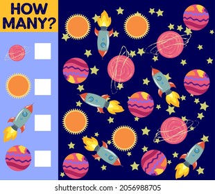 Counting Game For Preschool Children. Educational A Mathematical Game. Count How Many Space Objects And Write The Result