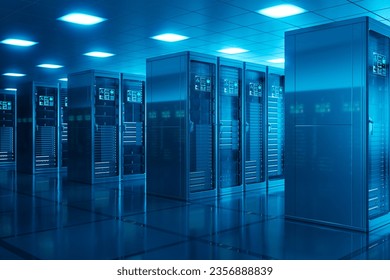 Countless modern server cabinets in a render farm. Dark, sci-fi, futuristic room with a glossy floor lit by blue light. State of the art technology. Clean, sterile room. Side camera view.