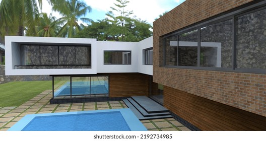 Country Advanced House Against The Backdrop Of A Palm Forest. Facade Decoration With Wood And Old Red Brick. In The Courtyard There Is A Swimming Pool And Concrete Pavers In The Form Of Rectangular.