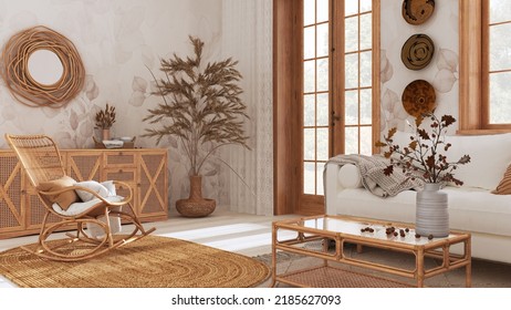 Country Bohemian Wooden Living Room In Beige And White Tones, Sofa, Rattan Chest Of Drawers, Jute Carpet And Decors. Boho Chic Interior Design, 3d Illustration