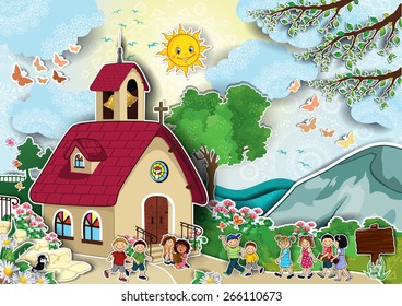 Country Church With Steeple Happy Kids Running