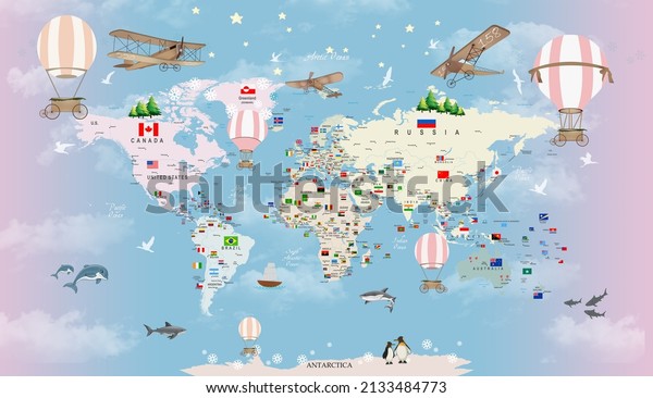 Country flags for kids rooms , educational world map wallpaper design