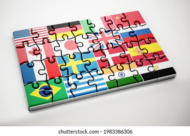Country flags on jigsaw puzzle pieces. 3D illustration.