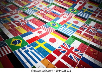 Country flags on jigsaw puzzle pieces. 3D illustration.
