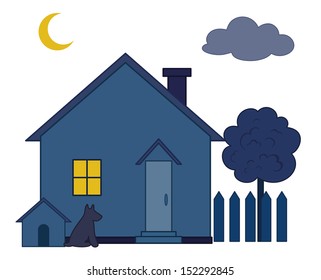 Country House With The Dog Kennel And Tree In A Garden, Dark Night.