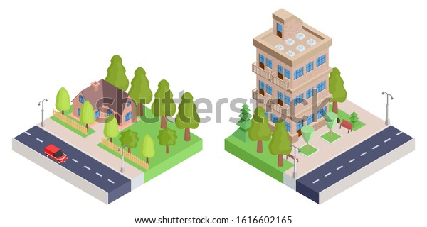 a country house with a fence and\
an apartment isometric house.picture stock image\
illustration