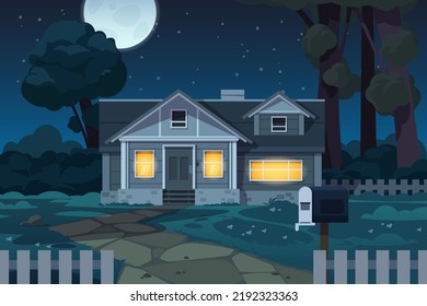 Country House Night. Cartoon Cottage Landscape Scene At Night, Neighborhood Street With House Front Exterior.  Late Evening Background. Suburban Building With Lights In Windows