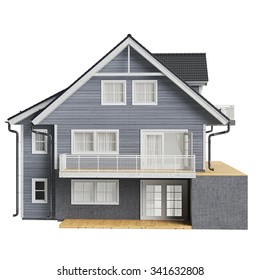 Country House Wood Siding, Front View. 3D Graphic Isolated Object On White Background