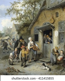 Country Kermis, Cornelis Dusart, 1680-1704, Dutch Painting, Oil On Panel. On The Edge Of A Country Fair, People Gather At A Building Where A Woman Plays A Hurdy-gurdy And A Boy Plays On The Flute. A