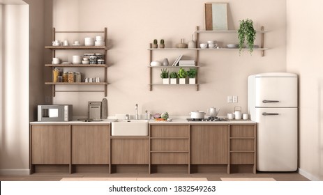 Country Kitchen, Eco Interior Design In Beige Tones, Sustainable Parquet, Potted Plants, Herbs, Wooden Shelves, Microwave And Refrigerator. Natural Recyclable Architecture Concept, 3d Illustration