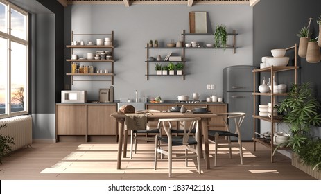 Landküche, Öko-Inneneinrichtung in grauem Stil, nachhaltiger Parkettboden, Esstisch, Stühle, Holzregale und Bambusdecke. Natürliches Recycling-Architekturkonzept, 3D-Illustration