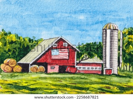 Country landscape. American farm with red barn. Summer season. Watercolor painting. Acrylic drawing art. A piece of art.