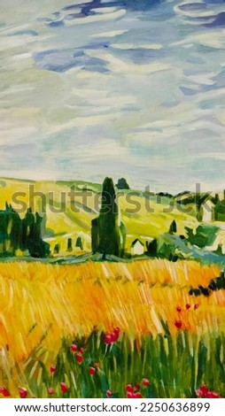 country landscape painting composition with tree, house, green field, flower garden and blue sky on canvas