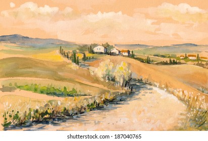 Country landscape with typical Tuscan hills in Italy. Watercolors painting. 