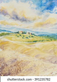 Country landscape with typical Tuscan hills in Italy. Watercolors painting.