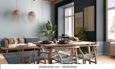 Wohnzimmer, Öko-Inneneinrichtung in blauen Tönen, nachhaltiger Parkett, Esstisch mit Stühlen, Topfpflanzen und Bambusdecke. Natürliches Recycling-Architekturkonzept, 3D-Illustration