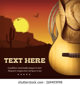 Country Music Poster With Guitar And Cowboy Western Hat .American Landscape 