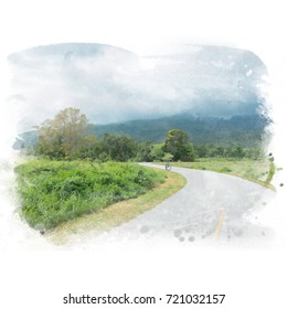 Country Road In Rain Season With Mountain And Sky With Cloud Background. Watercolor Painting (retouch).