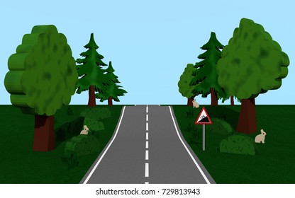 Country Road With The Road Sign Slope, Trees And Bunny. 3d Rendering