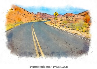 Country Road And Winding Road Sign, USA, Watercolor Sketch Illustration