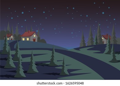 Countryside At Night Flat Illustration. Evening Suburban Landscape, Empty Street With Residential Buildings And Fir Trees. Picturesque Scenery With Cottages. Starry Sky Over Neighbourhood. Raster Copy