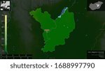 Jász-Nagykun-Szolnok, county of Hungary. Colored shader data with lakes and rivers. Shape presented against its country area with informative overlays. 3D rendering