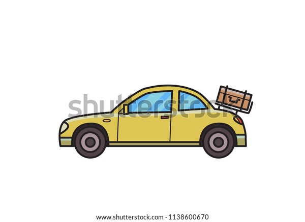 Coupe car with luggage on the rear hood.\
Hatchback, side view. Isolated image on white background. Flat\
illustration. Flat style. Raster\
version.