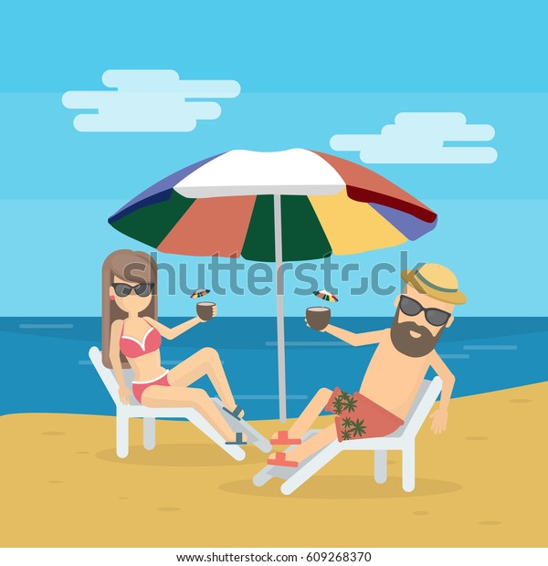 Couple Beach On Chair Cocktails Seashore Stock Illustration 609268370