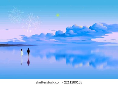 couple at beach in summer enjoying cloudy sky reflection on ocean water anime digital art illustration painting wallpaper - Powered by Shutterstock