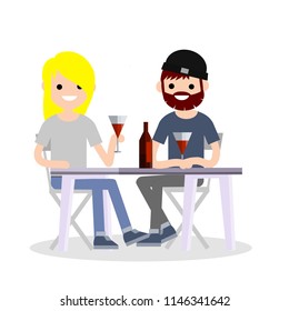 The couple is boyfriend and girlfriend meet for a date in a cafe with wine. Concepts of love and relationships. Cute blonde girl and bottle - Cartoon flat illustration
