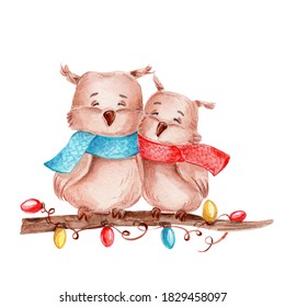 A couple of cartoon owls sitting on a branch with a garland; watercolor hand draw illustration; can be used for christmas postcards; with white isolated background