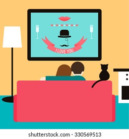 Couple And Cat Watching Together Wedding Video On Television Sitting On The Couch In The Room. Trendy Flat Style Illustration For Design Card, Invitation, Poster, Banner, Placard Cover. Raster Copy