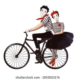 couple clown mime riding bicycle, watercolor style illustration, funny clipart with cartoon character good for card and print design - Powered by Shutterstock