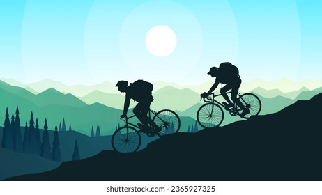 A couple of cyclists go down a mountain road against the background of forests. Downhill. Mountain bike. Travel concept of discovering. Cycling. Adventure tourism. Minimalist illustration. - Powered by Shutterstock