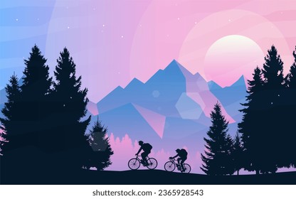 A couple of cyclists in the mountains. Mountain bike. Travel concept of discovering, exploring. Cycling. Adventure tourism. Flat design for coupon, voucher, gift card. Minimalist illustration - Powered by Shutterstock